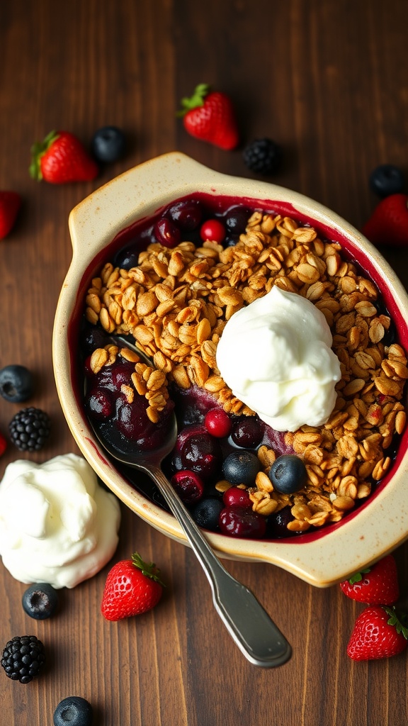 Delicious and Healthy Gestational Diabetes-Friendly Berry Crisp gestational diabetes-friendly berry crisp in a ceramic dish with oats topping, served with Greek yogurt, on a wooden table.
